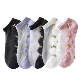DAMILY Women's Summer Ankle Socks, Cute, See-through, Flower Pattern, Lace Socks, Thin, Transparent Socks, Women's, Stylish, Summer, Cool Socks, Set of 5 Pairs, Small flower color 2 short