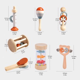 Kingbar 7-Piece Baby Musical Instruments Set, Montessori Percussion Instruments, Rainmaker, Maracas, Trumpet, Castanets, Cage Rattles, Musical Toy, 7 Pieces