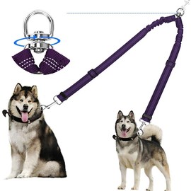 Corooci 2 Dog Leash, No Tangle 360° Double Dog Leash Swivel Rotation Heavy Duty Dog Lead for 2 Dogs, Ajustable Bungee Reflective Dual Dog Leash (Purple)