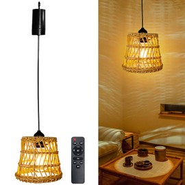 Rattan Pendant Light, Rattan Hanging Lamp, Boho Pendant Lamp, E27 Lampshade, Boho Lampshade, Hanging Light with Remote Control, for Bedroom, Living Room, Outdoor, Indoor, Without Power Connection