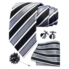 GUSLESON White Grey Black Tie for Wedding Mens Silk Striped Necktie Pocket Square Cufflinks and Lapel Pin Brooch Set (6108-50)