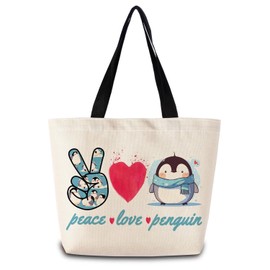 ZhuVantrix Peace Love Penguin Tote Bag Reusable Grocery Bags Aesthetic Shopping Shoulder Handbag with Interior Zipper Pocket Stylish Peace Love Penguin Present for Women