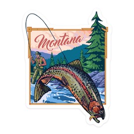 Die Cut Sticker Montana, Fly Fishing Scene, Contour Vinyl Sticker 1 to 3 inches (Waterproof Decal for Cars, Water Bottles, Laptops, Coolers), Small