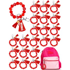 Henoyso 20 Pcs Cheer Beaded Wristlet Keychain Bulk Cheer Bow Keychain Sparkle Megaphone Key Ring Women Accessories Team Gift(Red)