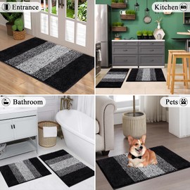 Vaukki Luxury Soft Bathroom Rugs Set of 2, Non Slip Washable Plush Bath Floor Mats, Microfiber Shaggy Absorbent Striped Bath Carpet for Tub, Bathroom and Shower (18''x26''+20''x32'', Black)