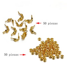 100 Piezas Acero Inoxidable Hebilla+Posicionamiento Cuentas(Presionar la perla), Combinación Collar Fabricación De Pulseras Surtidos de Cuentas para Bisutería Amantes de la artesanía (Dorado)