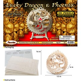 Puzzled Lucky Dragon and Phoenix Wooden 3D Puzzle - Wooden Dragon and Phoenix Puzzle Toy, Educational DIY Phoenix and Dragon Puzzle, 3D Wooden Puzzle Model Kits to Build and Paint with 147 Pieces Pack