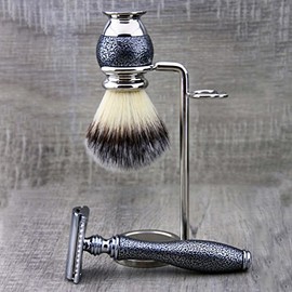 3 pieces silver antique collection - vintage look. Men's Shaving Set with Synthetic Badger Shaving Brush & De Safety Razor + Double Stand for Razor & Brush. Perfect set for wet shaving - great gift for him