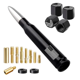 American Flag Car Truck Bullet Antenna with Valve Stem Caps, Universal Mast for GM Chevy Silverado 1500 2500 3500 HD Avalanche Ford F150 F250 F350 Denali Heavy Duty Pickup Trucks Accessories (Silver)