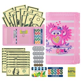 DEEKI Kids Wallet with Zipper and Keychain, Novelty Purse with 37 PCS Play Money Set for Boys and Girls Learn Math, Coin Purse with Card Pockets for Children 3-15, Toddler Party Birthday Gifts -D5