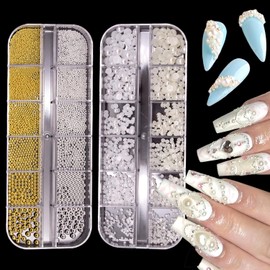 WOKOTO 2 Box Nail Art Charms Mix Size Gold Silver Metal Nail Beads and Half White Nail Pearls Nail Jewels Luxurious Design Nail Charms Various Sizes Nail Charms for Nails Art Accessories Decoration