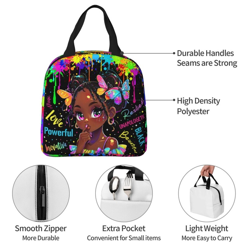 Quelindra Watercolor Doodle Lunch Boxes,Black Women Lunch Box，Graffiti Lunch Bag，African