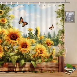 Yadshoti Sunflower Shower Curtains Farm Fence Yellow Flower Butterfly Plant Leaves Floral Spring Scenery Rustic Country Themed Bathroom Decor Polyester Fabric Curtain Set 70 x 70 Inch with Hooks