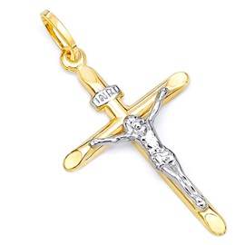 14k REAL Two Tone Gold Religious Crucifix Jesus Cross Charm Pendant (50 x 30 mm)