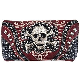 Sugar Skull Day of the Dead Cross Bone Studs Punk Gothic Art Rivet Studded Women Wristlet Trifold Wallet (#2 Red)