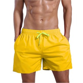 QRANSS Yellow Swimming Short Mens Swim Trunks Soft Washed Drawstring Beach Board Shorts with Zipper Pockets mesh Lining