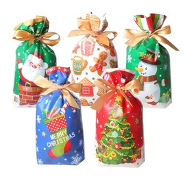 Fyavdio Christmas Candy Bags, 50PCS Christmas Bags with Colorful Drawstring, Wrapping Gift Holiday's Gift Bags, Xmas Gift Treat Bags for Party Favors Present Wrapping