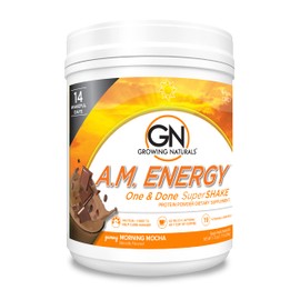 Growing Naturals All Natural Plant Based Protein, One & Done Super Shake, 18g Protein with Non-GMO High Fiber and Gluten Free, A.M. Energy 1 Pound (Pack of 1)