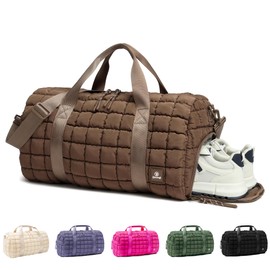 DOYOGI Quilted Gym Bag for Women,Duffle Bag for Travel with Wet Pocket,Carry on Weekender Bags for Women,Travel Bag with Shoe Compartment(Brown)