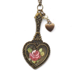 Antiqued Gold Plated Long Vintage Style Victorian Boho Romantic Hand Painted Pink Rose Heart Pendant Necklace with Dangling Lustrous Crystal Pearl Retro Jewelry for Women Teen Girls