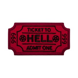 EMBROVERSE Ticket to Hell Patch - Admit One Embroidered Demon Funny Quote - Iron On Patches - Size: 3.1 x 1.7 inches