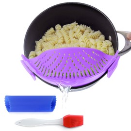 Clip-On Kitchen Food Strainer for Spaghetti, Pasta, Ground Beef Grease, Colander & Sieve Snaps on Bowls, Pots and Pans, Set includes Silicone Strainer, Brush & Garlic Peeler by Salbree (purple)