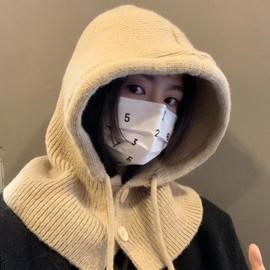 Double-Sided Knit Balaclava Winter Women's Hat Scarf One-Piece Neck & Ear Warmer lf1471 Free Size / Oatmeal, 140g 4ea