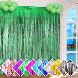 Yishebapa 3 Pack Green Backdrop Curtains, Foil Fringe Curtains Tinsel Streamers for Birthday Wedding Photo Booth Baby Shower Bachelorette Graduation Christmas Party Decorations