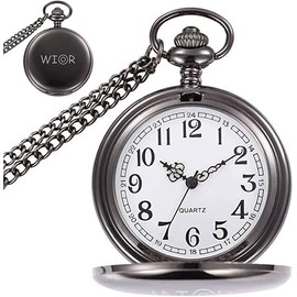 WIOR Classic Smooth Vintage Pocket Watch Silver Steel Mens Watch with 14 in Chain for Graduation Xmas Fathers Day(Black)