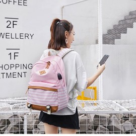 MOTOLIMO Canvas Backpack School Bags for Teenager Girls College Laptop Student Rucksack with Pencil case, Striped Casual Daypacks with USB Charging Port (Pink-Strips)