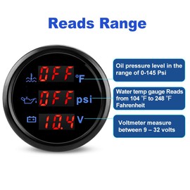 WATERWICH 52mm 3 in 1 Triple Gauge Set (Water Temperature Gauge °F + Oil Pressure Gauge PSI + Voltmeter) with Water Temperature Sensor and Oil Pressure Sensor