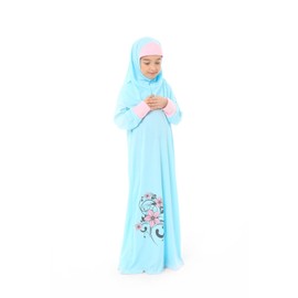 Girl's Prayer Islamic Dress Flower Printed Sleeve Cuffed Prayer Set for Muslim Girls (100, Turquoise, 10-11)