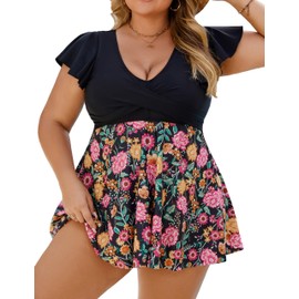 Edelqual Women's Plus Size Tankini Swimsuits Swim Dress Tummy Control Bathing Suits Two Piece Full Coverage High Waisted Modest Curvy Swimwear 2025(Black Floral,4XL)