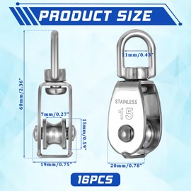 16 Pack M15 Small Rope Pulleys 304 Stainless Steel Wire Rope Cable Pulley Wheel Heavy Duty Clothes Line Swivel Pulley Hanging Wire Towing Wheel for Lifting