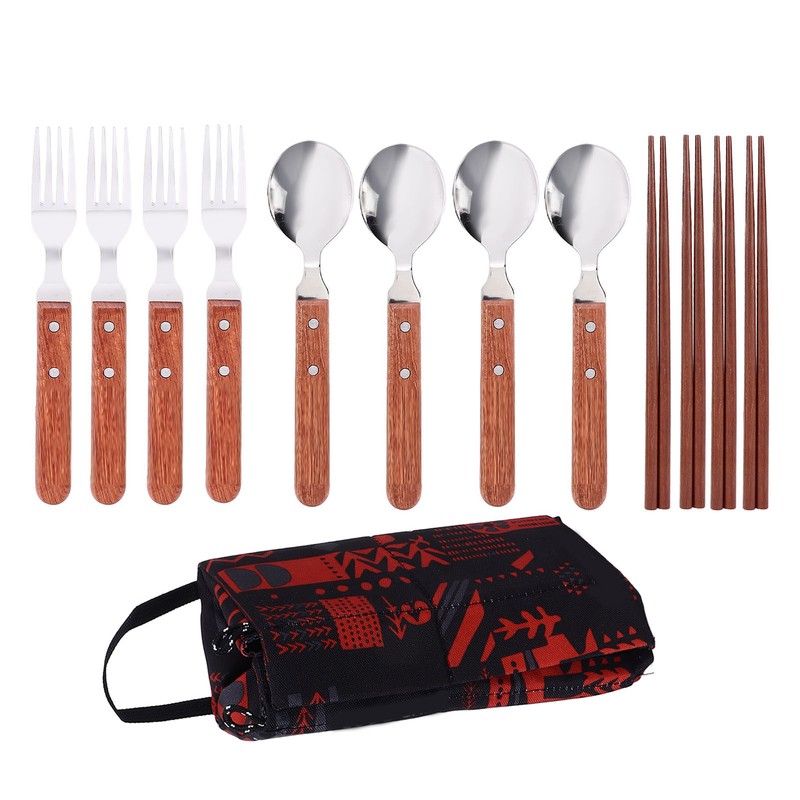 12 Pcs Stainless Steel Wooden Handle Tableware Set Outdoor 4