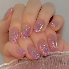 Press on Nails Coffin Short Fake Nails with Purple Lines Designs Cute Nails Press ons Glossy Glue on Nails Glitter False Nails Acrylic Artificial Stick on Nails for Women 24 Pcs