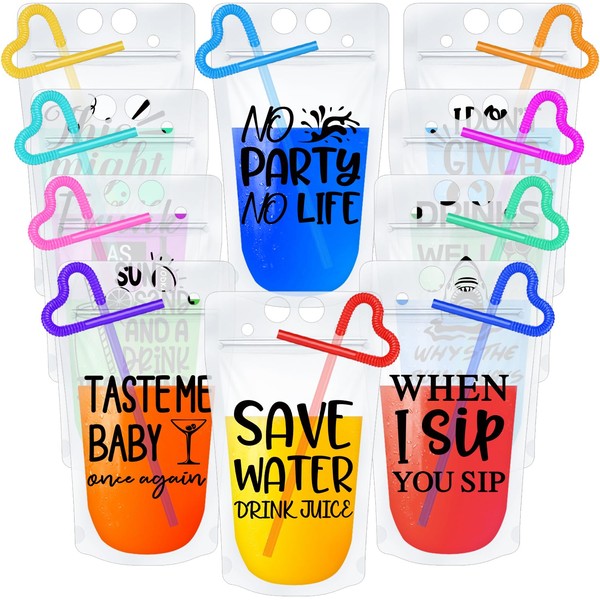 40 Sets Drink Pouches for Adults with Straws,Plastic Drink Bags with Zipper Party Beverage Bags,Bachelorette Party favors juice Party pouches for adults(10 Styles)