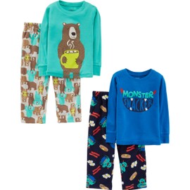 Simple Joys by Carter's Boys' 4-Piece Pajama Set (Cotton Top & Fleece Bottom), Blue/Grey Bear/Turquoise Green/Junk Food Monster, 5T