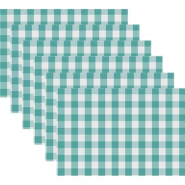Urban Villa, 100% Cotton Fused Place Mats , 14''x 20'' Over Sized ,Set of 6 Aqua/White Buffalo Check Plaid , Every Day Use ,Heavier Quality