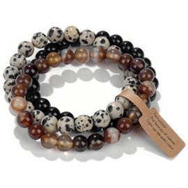WEIZAIJY 3 PCS Healing Crystal Bracelets for Women 8mm Natural Stone Beaded Stretch Bracelet Amethyst Jewelry Gifts (Brown Striped Agate&Dalmation&Black Onyx)