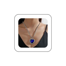 Xduargs Boho Large Faux Sapphire Heart Necklace Blue CZ Choker Vintage Love Pendant Adjustable Crystal Tennis Chain Jewellery for Women, Zinc