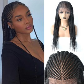 Braided Wig 7"X13" Comfortable Hand Braided Wig For Women With Hand-Lace Braided Wigs For Black Women Swiss Lace Front Lightweight Cornrow Box Braids Wig Baby Hair Natural Looking Premium Quality Kanekalon Synthetic Braided For Women (#1B)