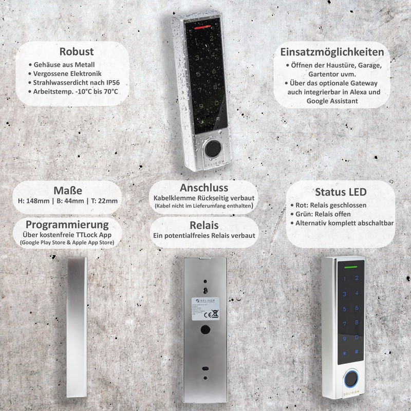 Gelikom Smart Home Code Lock with Fingerprint, Fingerprint in Silver,