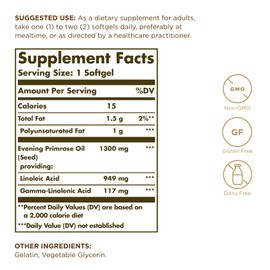 Solgar Evening Primrose Oil 1300 mg, 60 Softgels (Pack of 2) - Promotes Healthy Skin - Nutritional Support for Women - Non-GMO, Gluten Free, Dairy Free - 120 Total Servings
