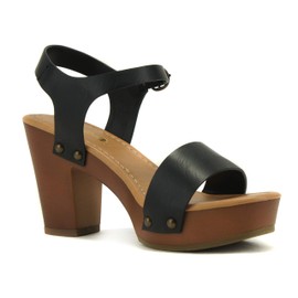 Soda CHIVAS ~ Women's Bold Buckles Studded Wedge Sandal (BLACK PU, us_footwear_size_system, adult, women, numeric, medium, numeric_7)