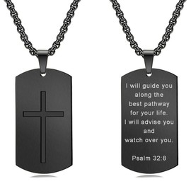 Rnivida Black Bible Verse Cross Tag Pendant Necklace, Stainless Steel Christian Inspirational Necklace Jewelry for Men (Psalm 32:8 - Black)