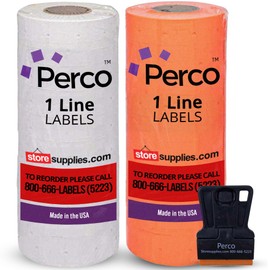 Perco White & Red Pricing Labels, 1 Line Price and Date Gun - 1 White and 1 Red Sleeve (2 Sleeves) Pack of 16 Rolls - 16,000 Price Marking Labels with Label Scraper Included