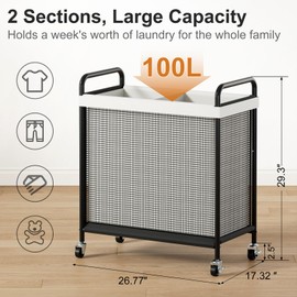 WOWLIVE Rolling Laundry Hamper 2 Section, 100L Laundry Basket with Wheels