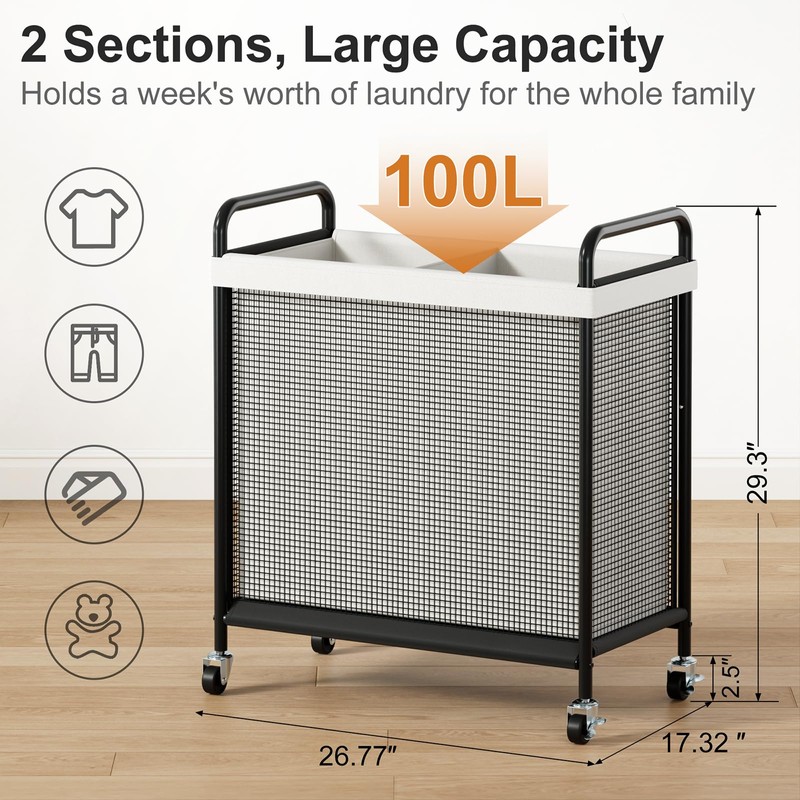 WOWLIVE Rolling Laundry Hamper 2 Section, 100L Laundry Basket with