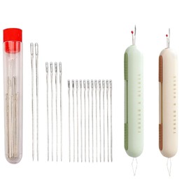 2 in 1 Needle Threader Seam Ripper, Easy Gadgets for Sewing, Needle Threaders for Hand Sewing, 1 Set (Creamy Purple + Spring Green) with 18 Needles